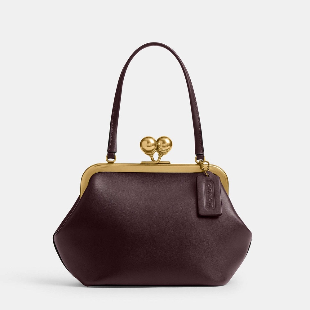 Coach Kisslock Frame Bag 16 in Brass/Black Currant Glovetanned Leather NWT￼